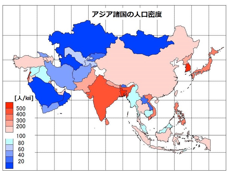 アジア諸国の人口密度