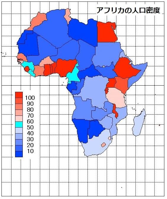 アフリカ各国の人口密度