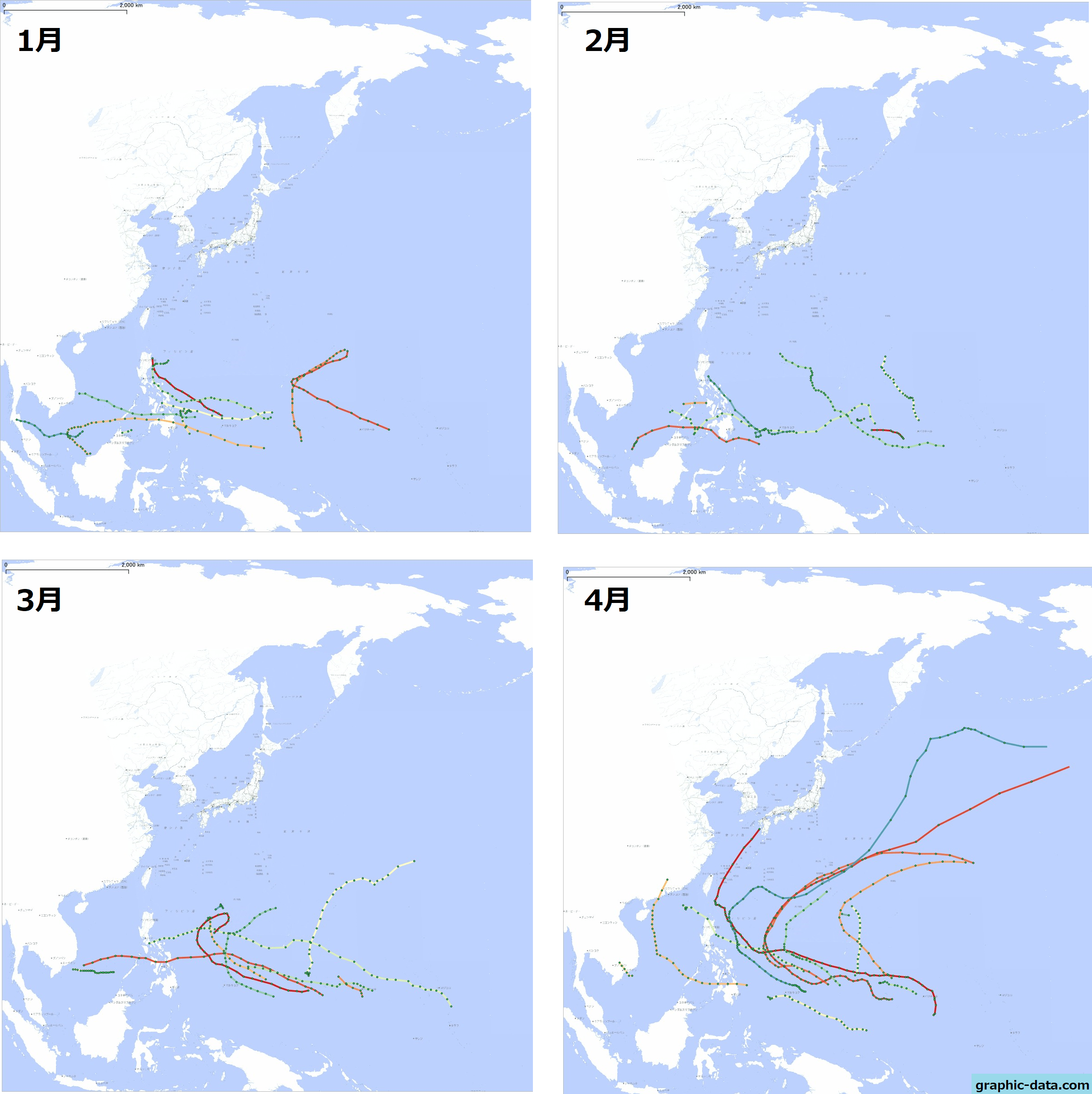 台風の移動経路（1月～4月）