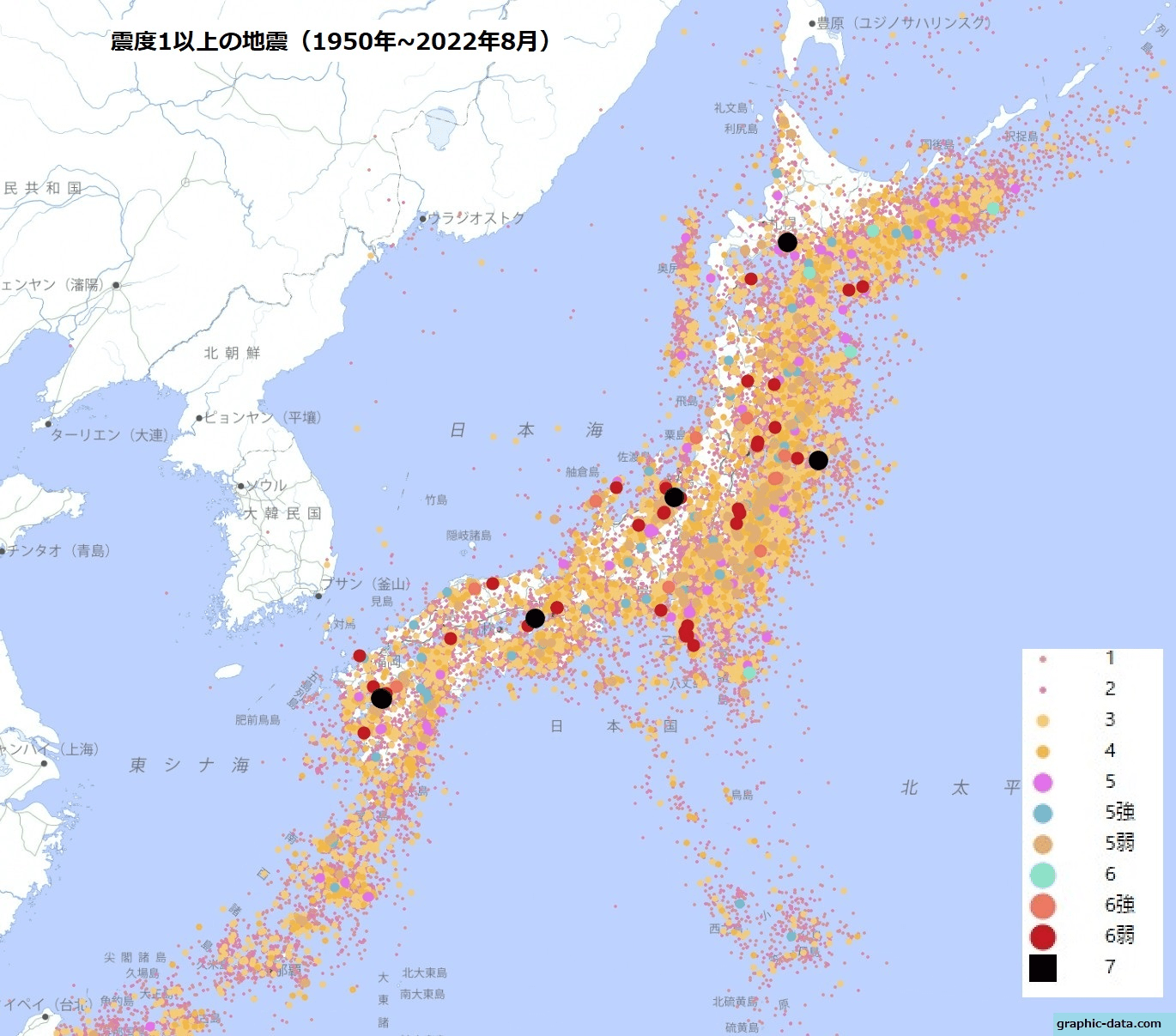 震度1以上を記録した地震（1950年～2022年8月