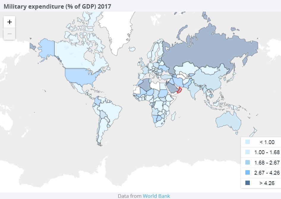 2017年の世界各国のGDPに対する軍事費の割合