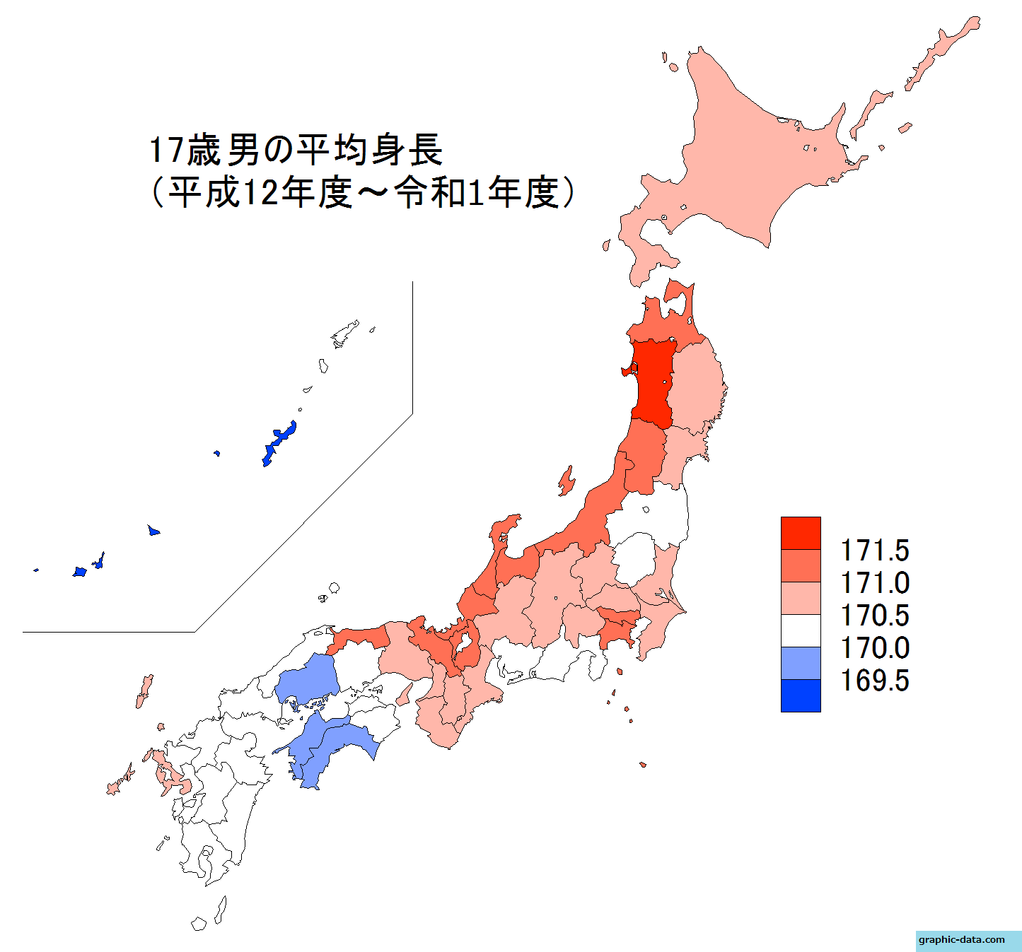 都道府県別17歳男の平均身長（過去20年分）